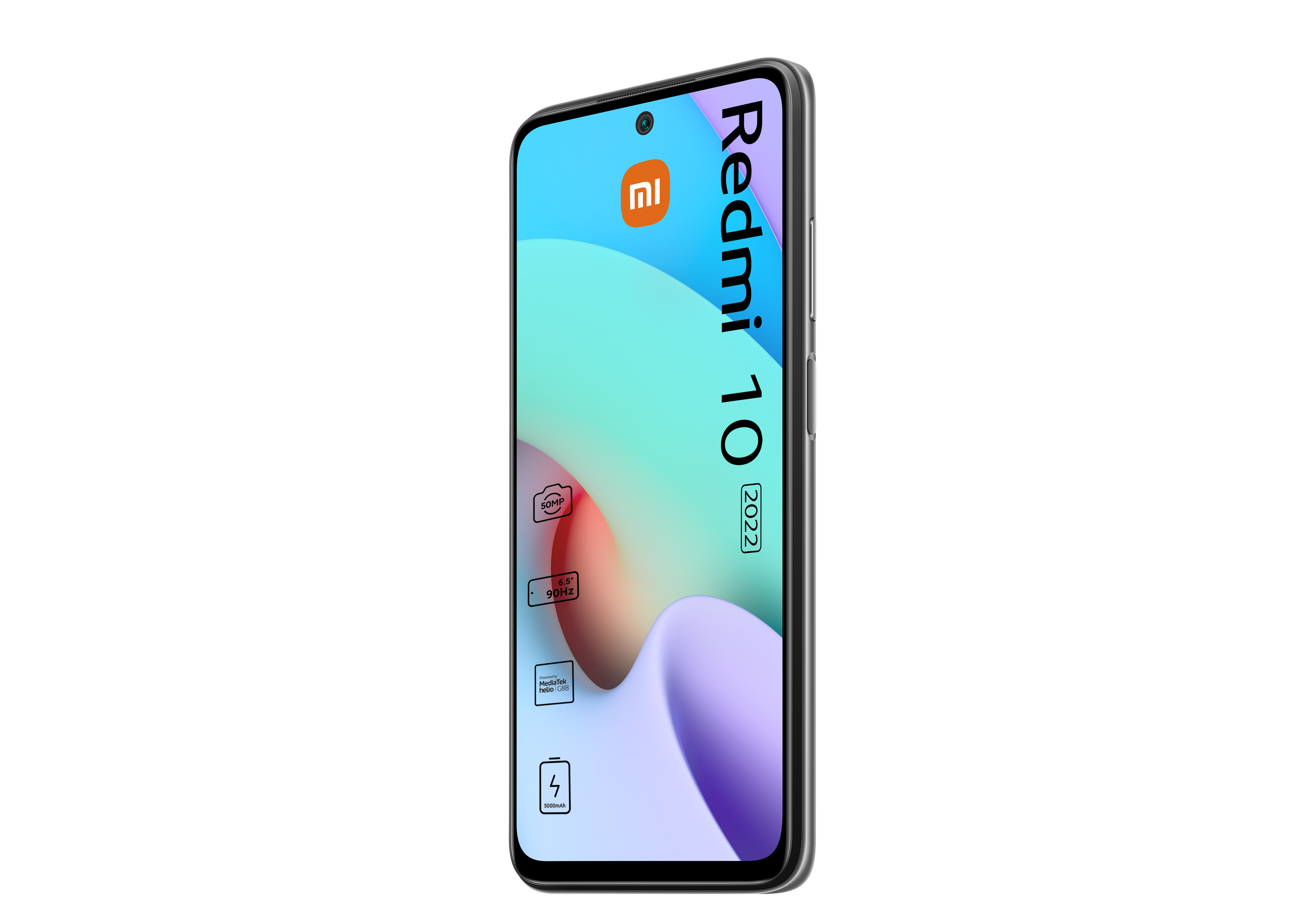 Redmi 10 (2022) Smartphone, blauer Bildschirm mit App-Icons.