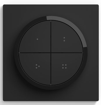 Black smart home button with four buttons. Black on white background.