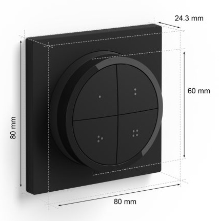 Black smart home switch with a circular control and four buttons, with dimensions shown.