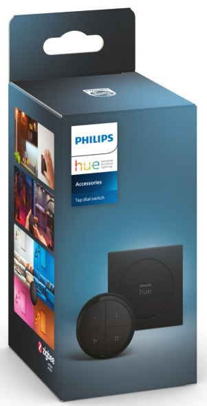 Philips Hue accessories box. It shows a black dial switch and a black square component.