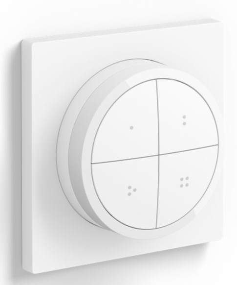 Panneau de contrôle domotique rond blanc avec quatre boutons, monté sur plaque carrée blanche.