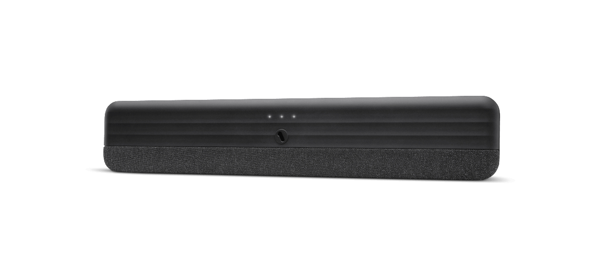 Schwarze Soundbar, horizontale Ansicht, mit Stoff und Kontrollleuchten. Weißer Hintergrund.