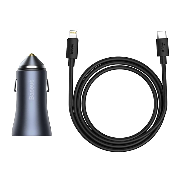 Baseus araç şarj cihazı ve kablosu. Şarj cihazı koyu mavidir. Kablo, Lightning ve USB-C uçlu siyahtır.