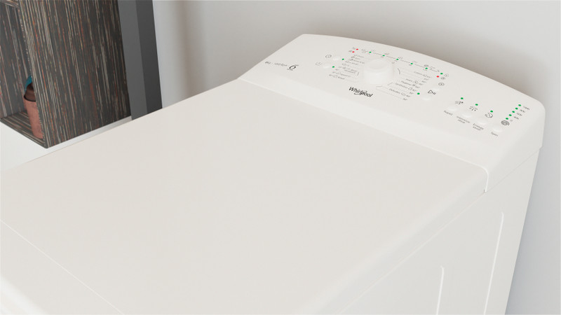 Fehér Whirlpool mosógép, felülnézet.