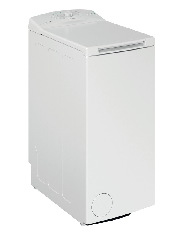 Fehér Whirlpool felültöltős mosógép fehér háttér előtt.