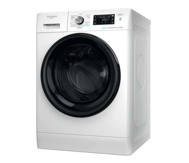 Egy fehér Whirlpool mosógép fekete ajtóval, fehér háttér előtt.
