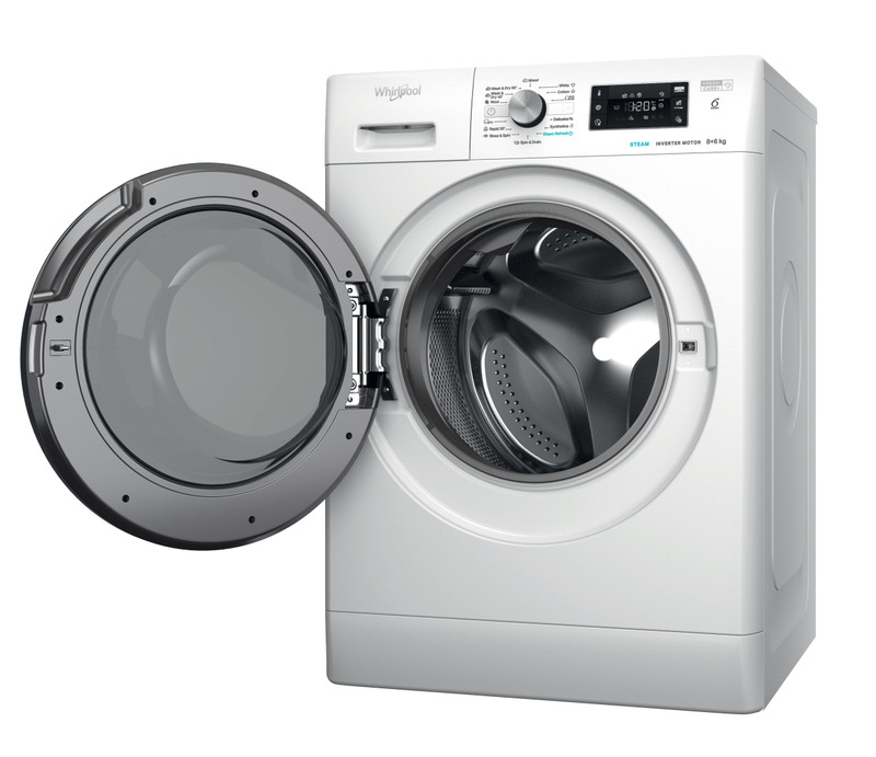 Egy fehér Whirlpool mosógép nyitott ajtóval.