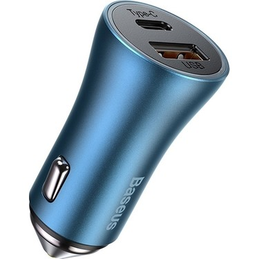 USB ve Type-C bağlantı noktalarına sahip mavi araç şarj cihazı. Gümüş detaylar. Baseus markası.