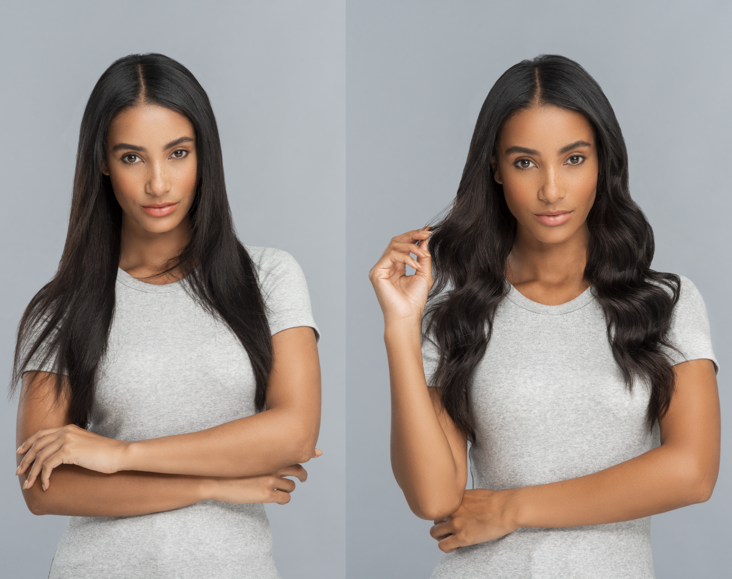 Two photos of a woman, one with straight hair and one with curls.