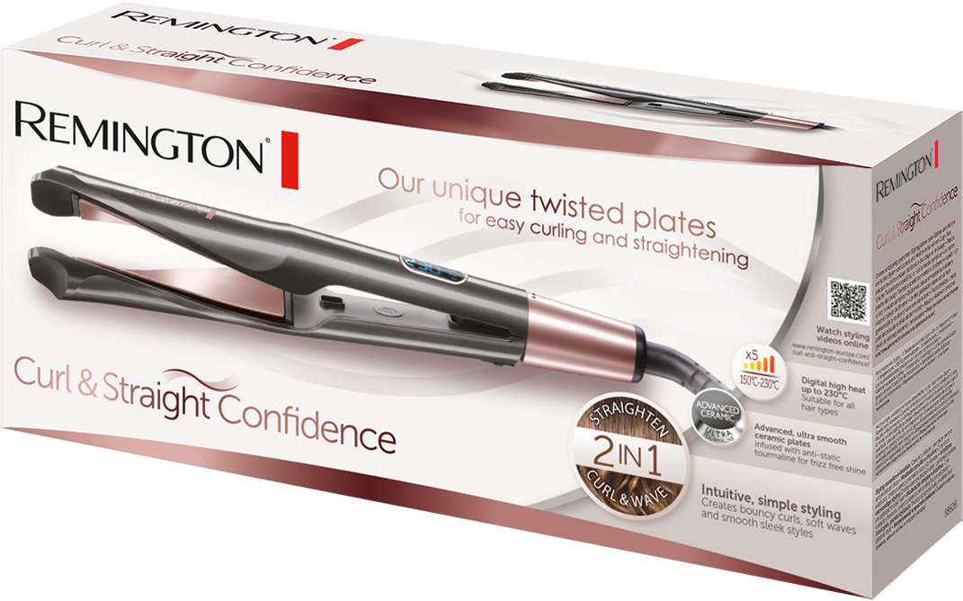 Box of a Remington hair straightener. The box shows the product and its features.