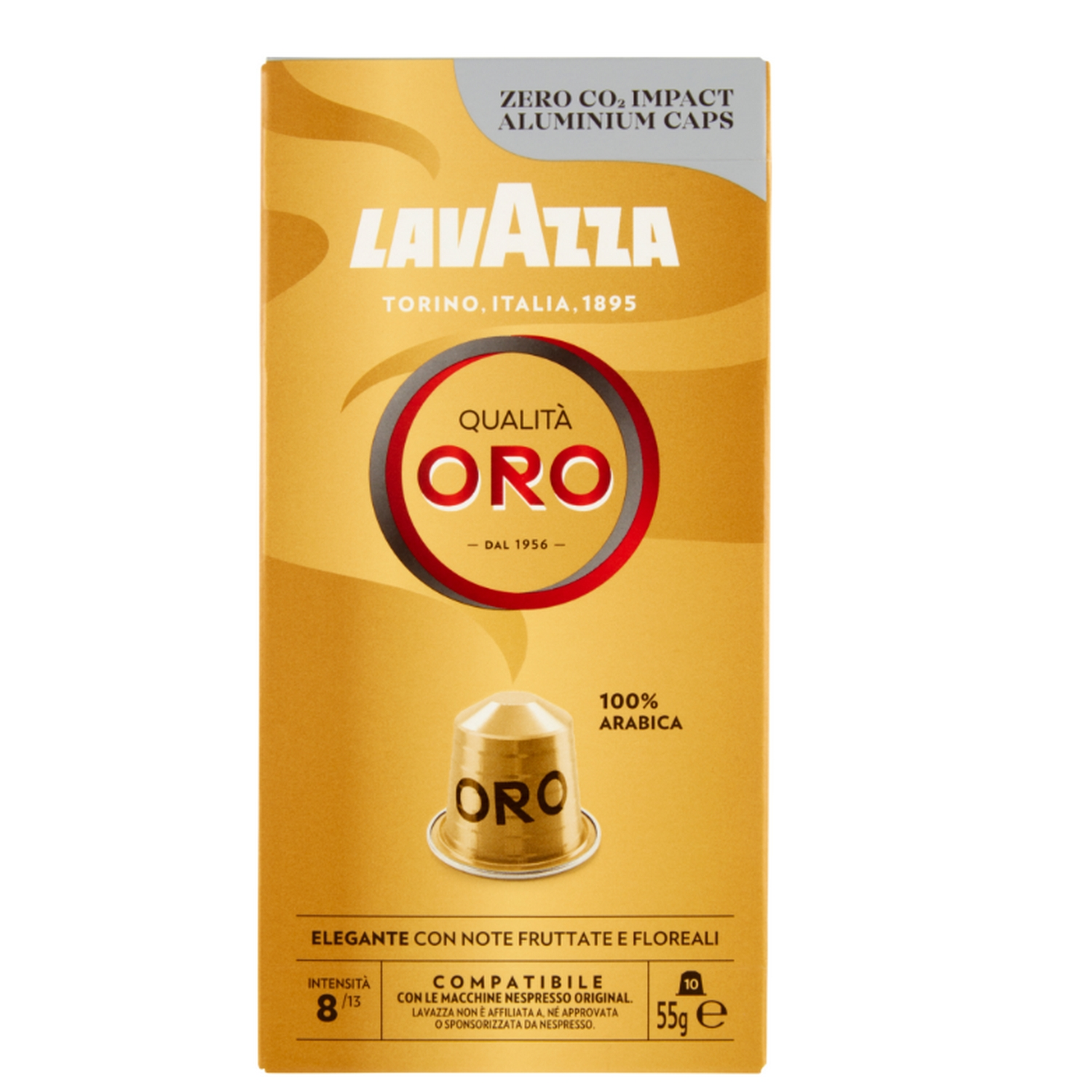 Una caja dorada de cápsulas de café Lavazza, fondo blanco.