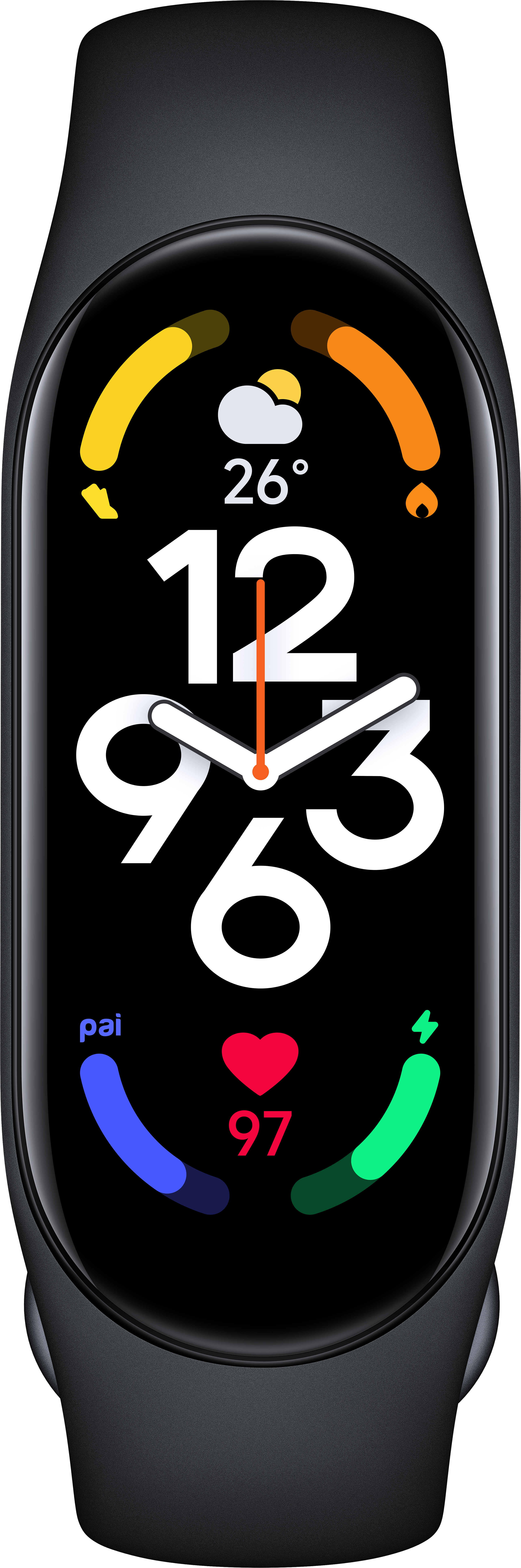 Egy fekete okosóra, amely az időt, az időjárást, a pulzusszámot és az aktivitásjelzőket mutatja.