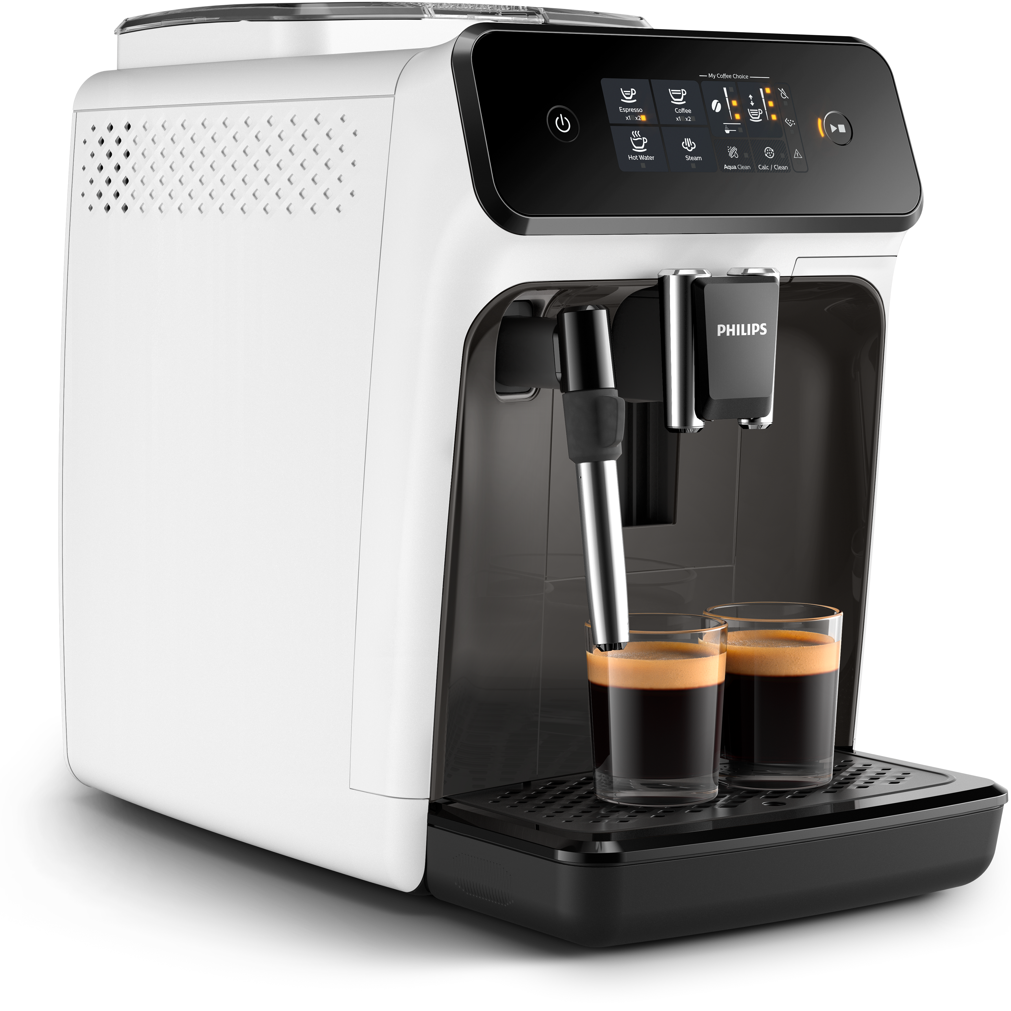 Máquina de espresso Philips blanca y negra con dos vasos de espresso y una bandeja negra sobre una superficie negra.