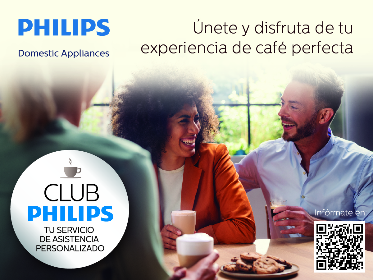 Personas en un café, un anuncio de Philips, con texto y un código QR sobre café.