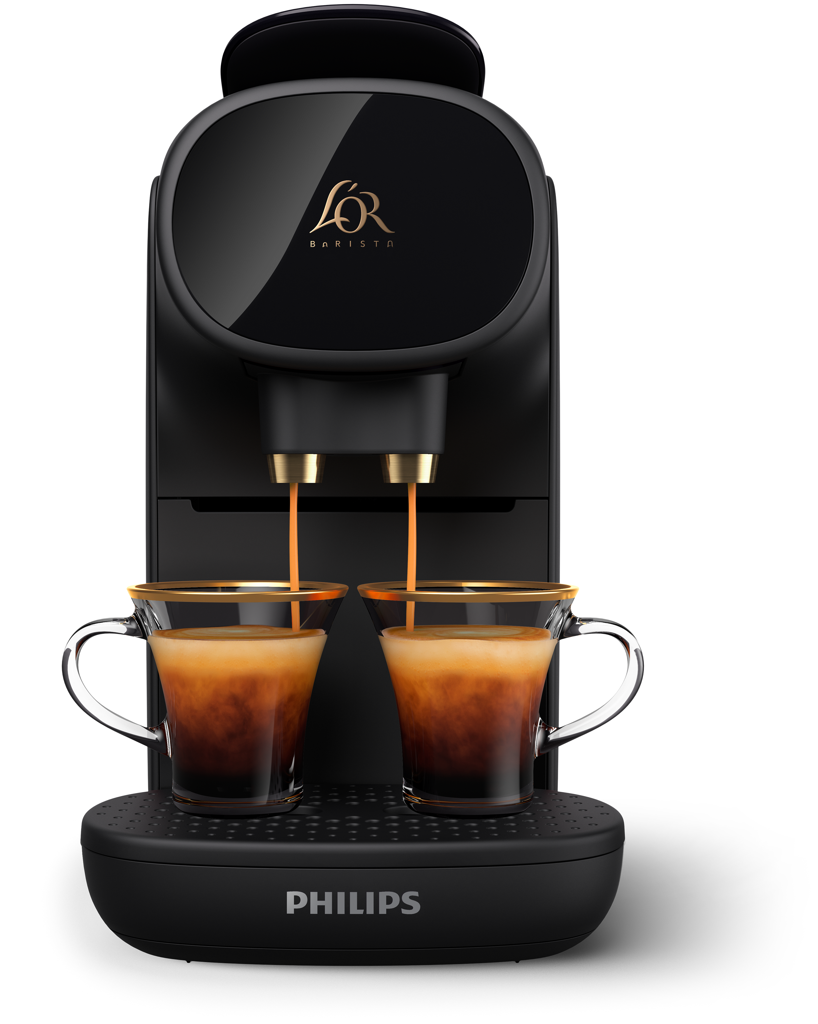 Máquina de espresso negra vertiendo café en dos tazas de vidrio. Detalles dorados y logo Philips.