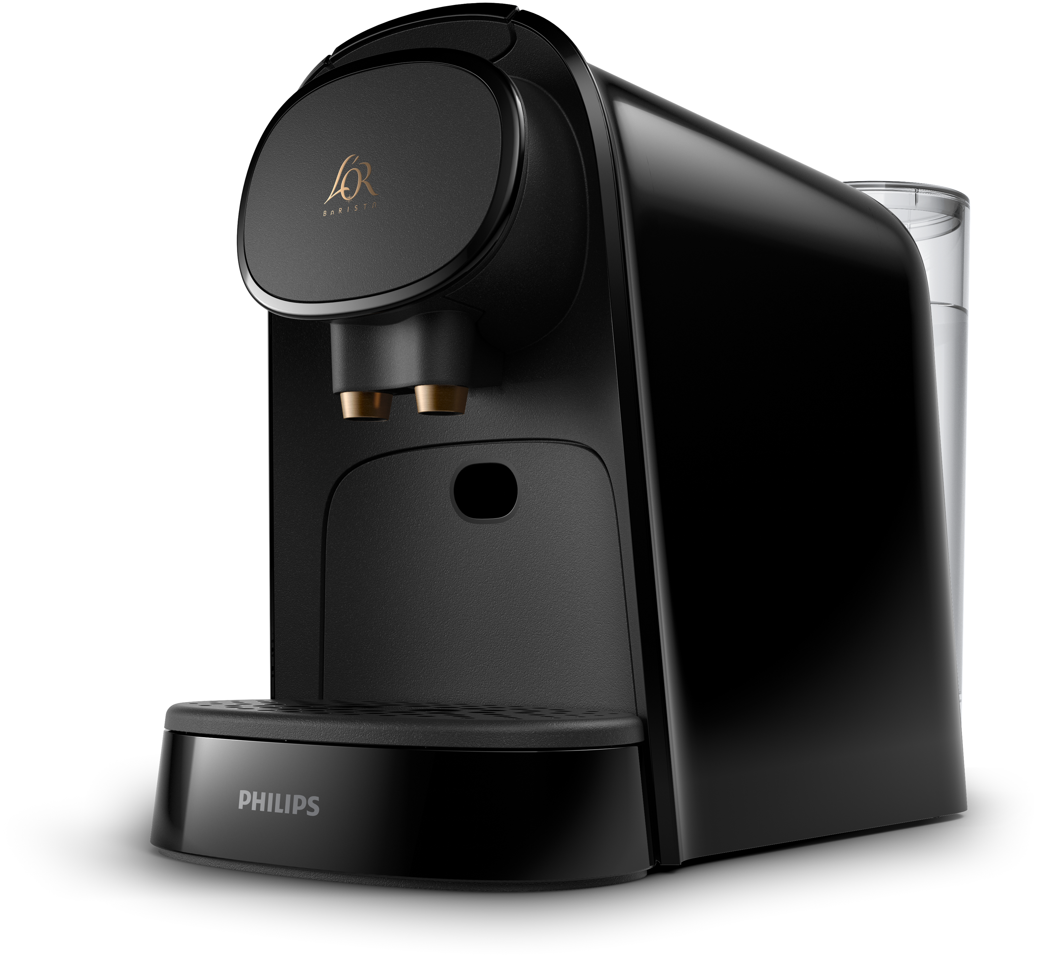 Cafetera negra. Vista frontal, con un pequeño recipiente de agua a la derecha. Logo Philips en la base.