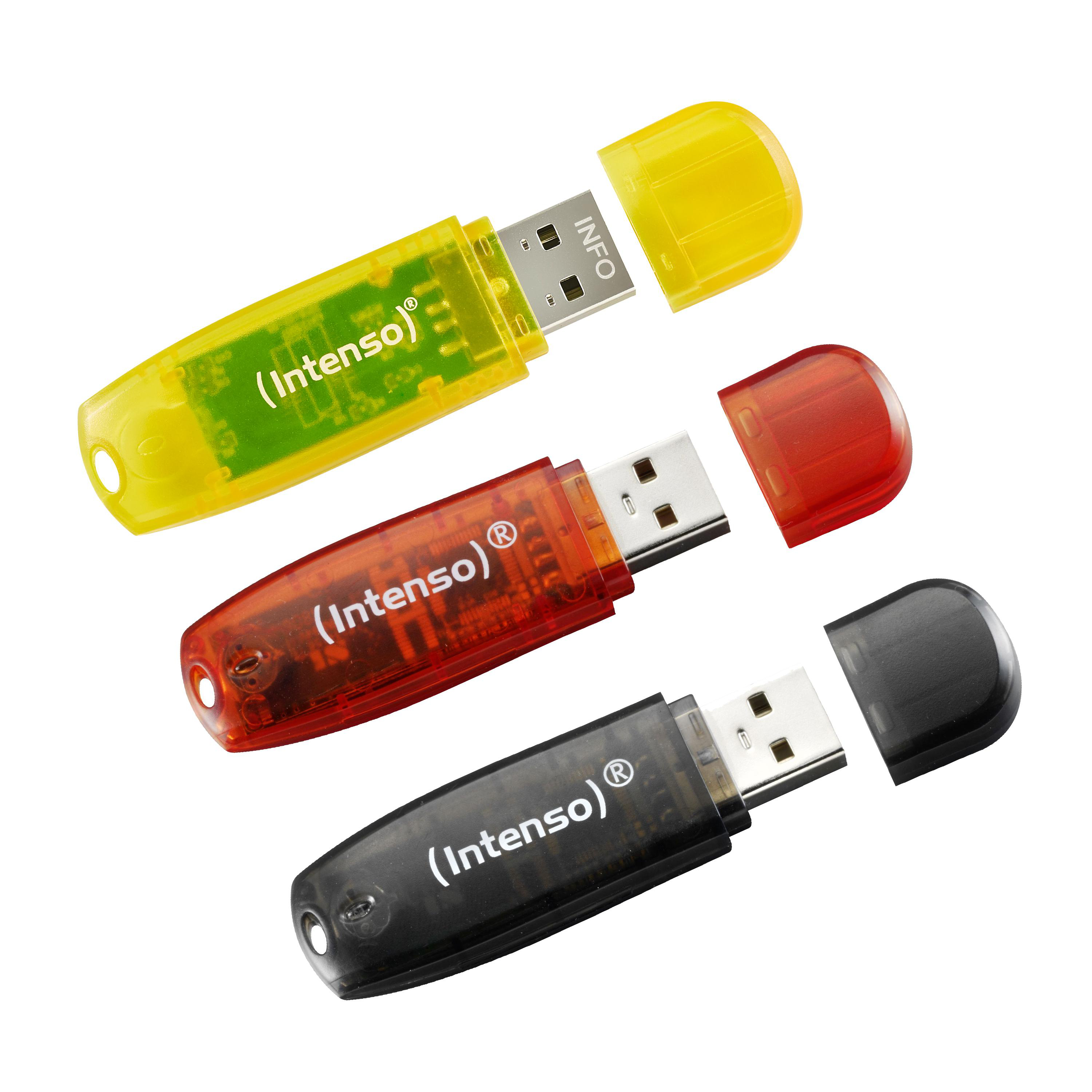 Drei USB-Sticks in Gelb, Rot und Schwarz, mit abgenommenen Kappen.