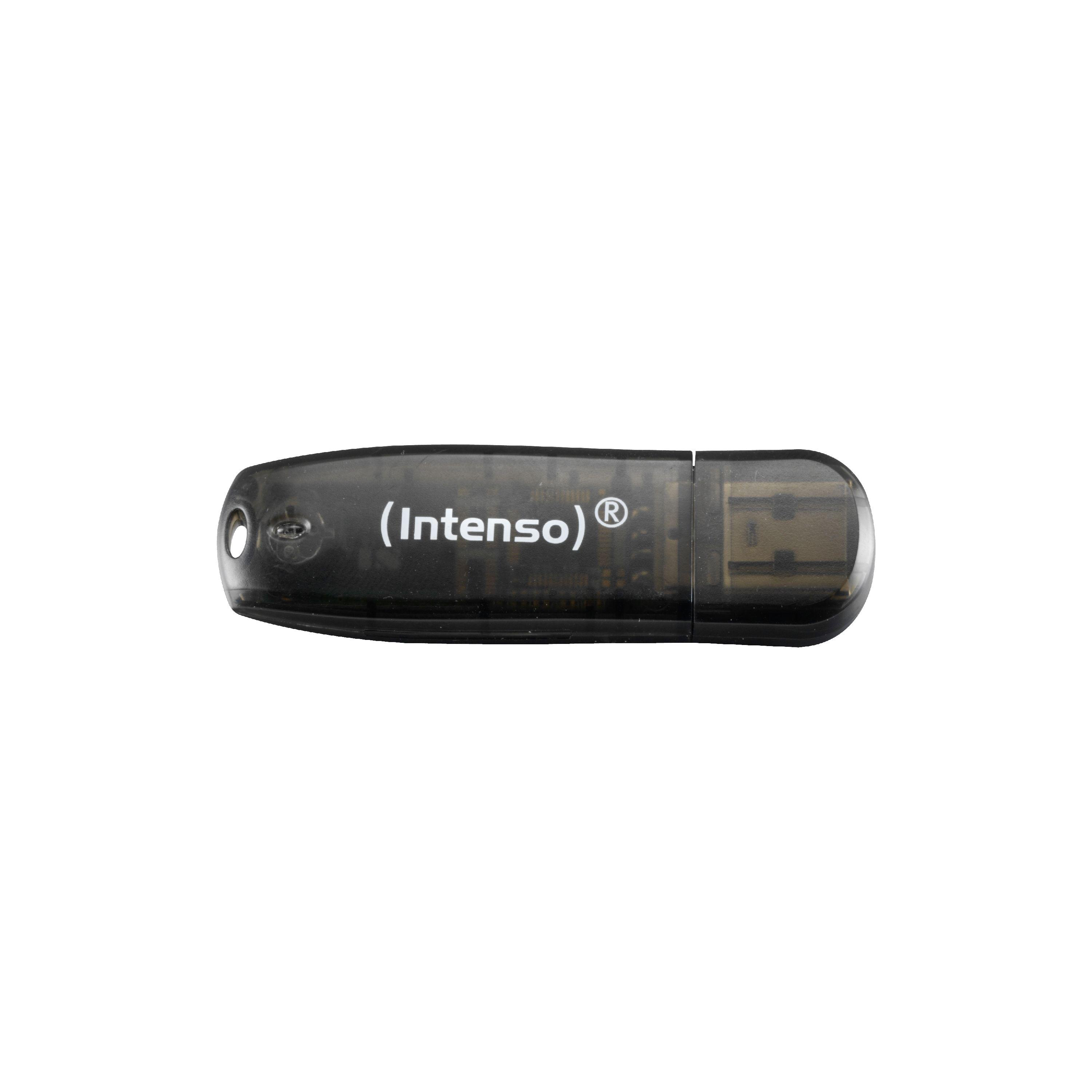Ein schwarzer und transparenter USB-Stick mit dem (Intenso)-Logo.