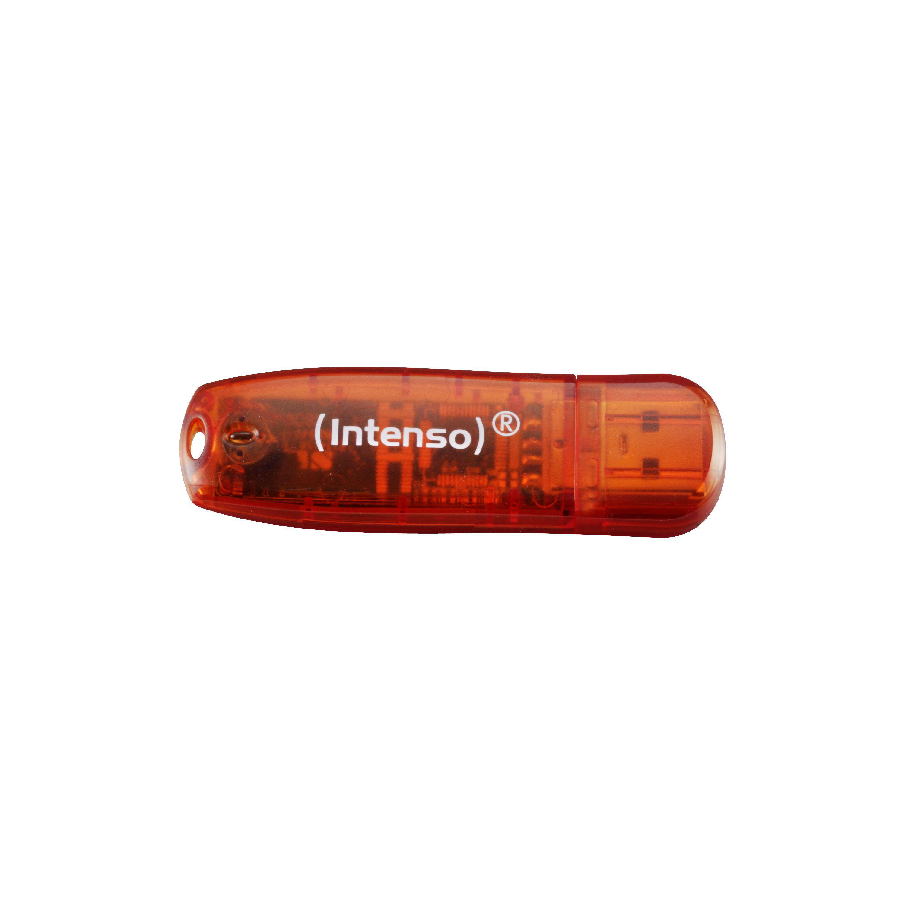 Oranger USB-Stick mit 'Intenso'-Logo. Transparentes Kunststoffgehäuse.