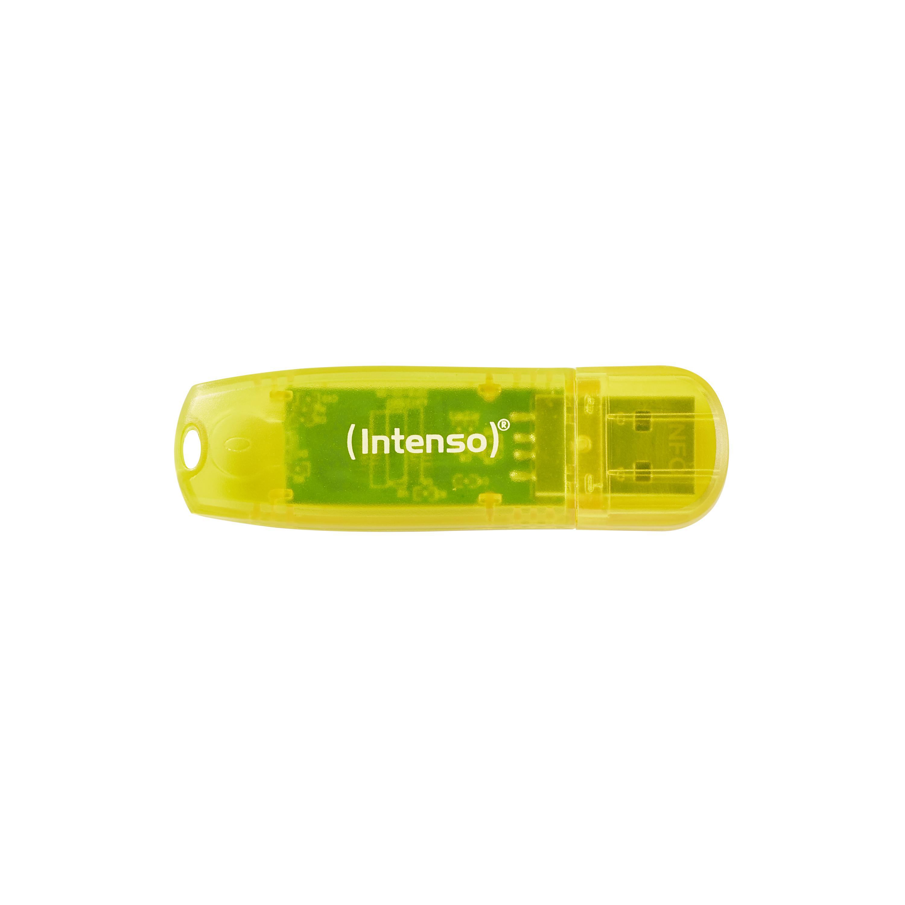 Ein gelber USB-Stick. Die Marke Intenso ist auf dem Gerät sichtbar. Weißer Hintergrund.