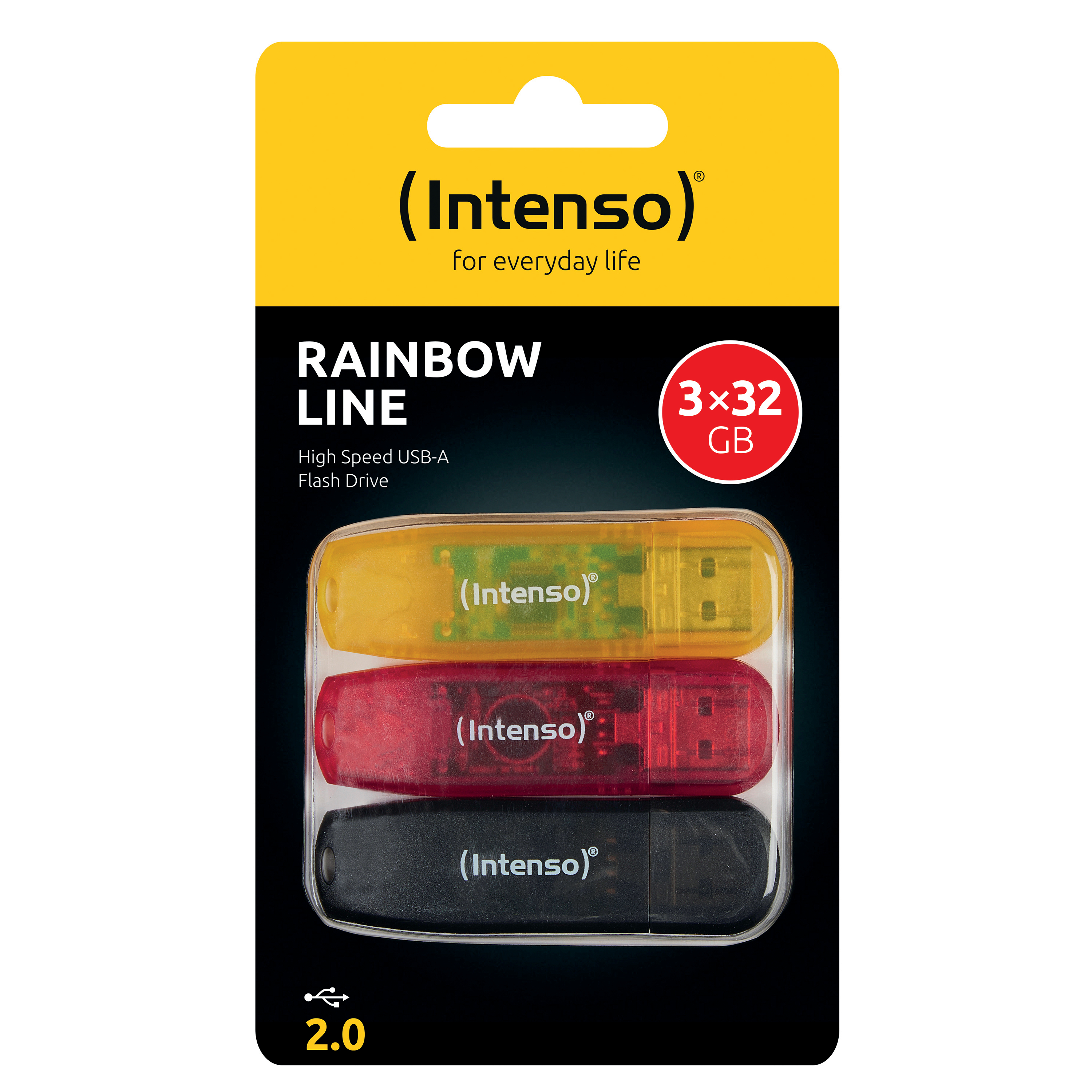 Intenso Rainbow Line USB-Laufwerke in gelber, roter und schwarzer Verpackung. 3x32 GB angegeben.