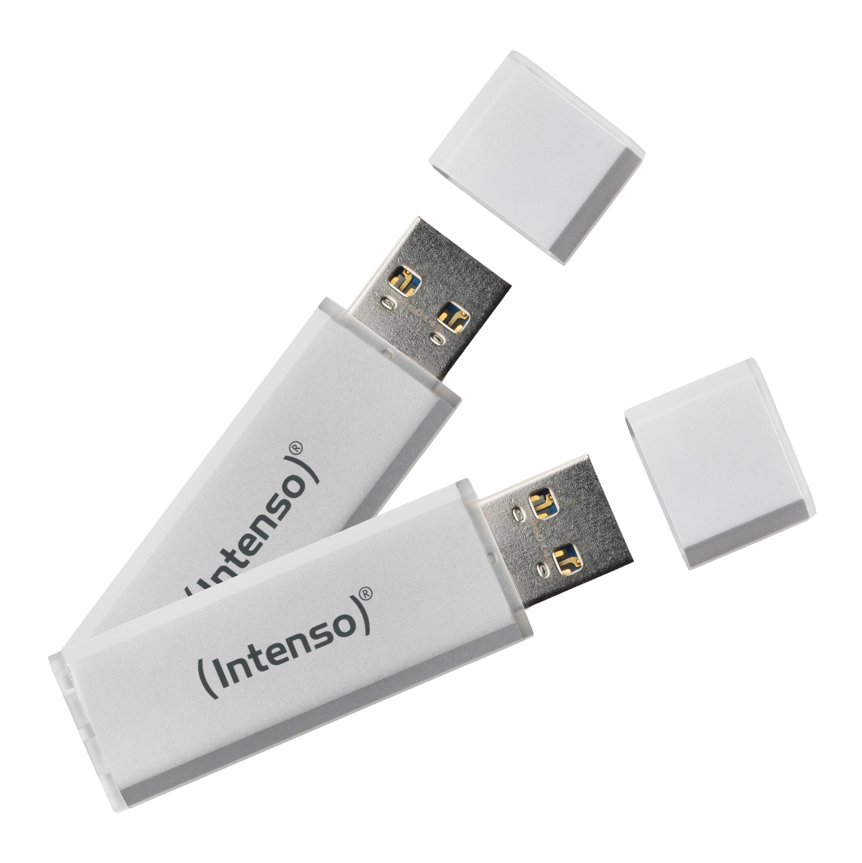Zwei weiße USB-Flash-Laufwerke mit der Aufschrift Intenso, mit abgenommenen Kappen.