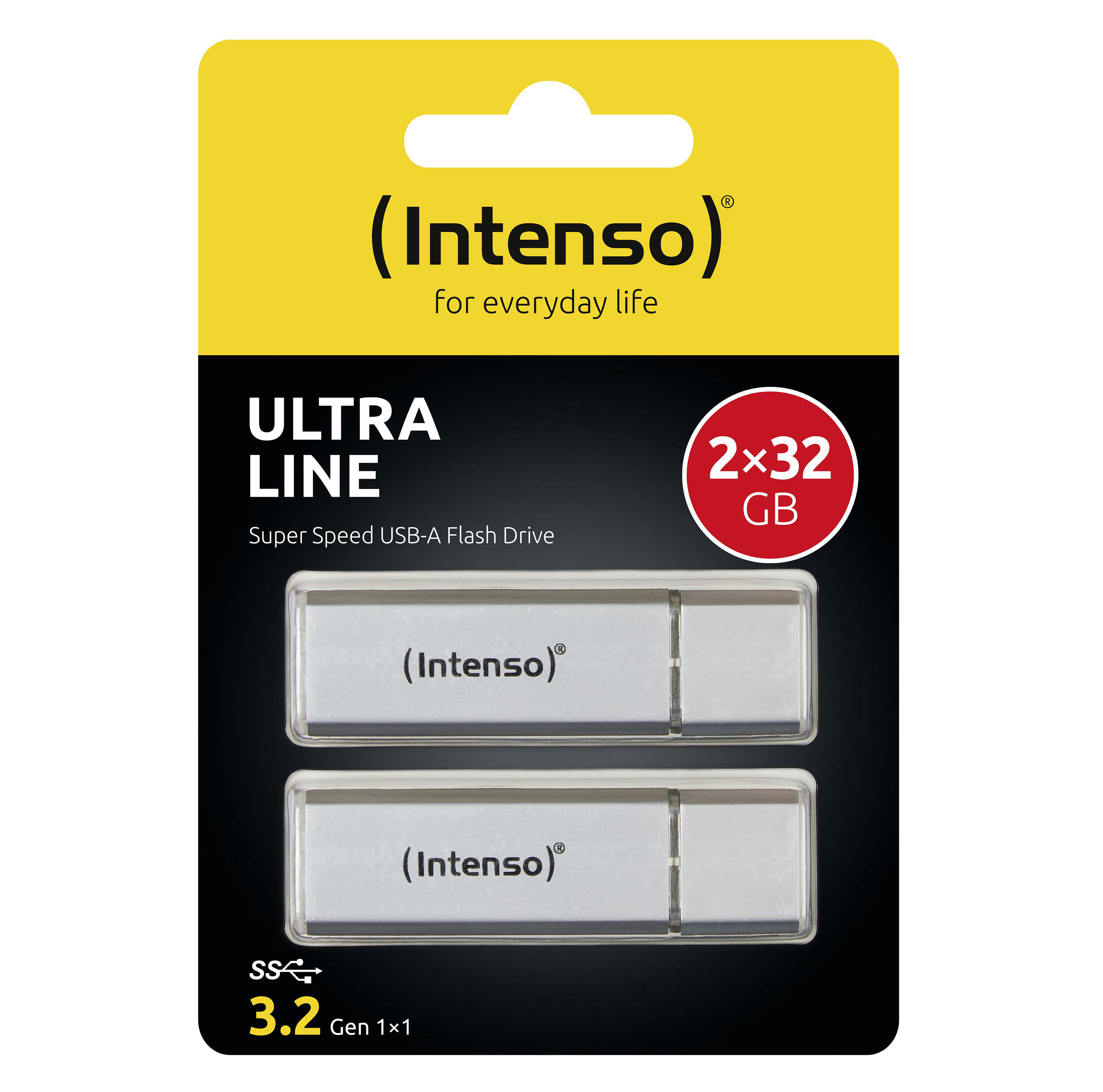 Verpackung mit zwei silbernen USB-Sticks mit der Aufschrift '(Intenso) ULTRA LINE' und '2x32 GB'.
