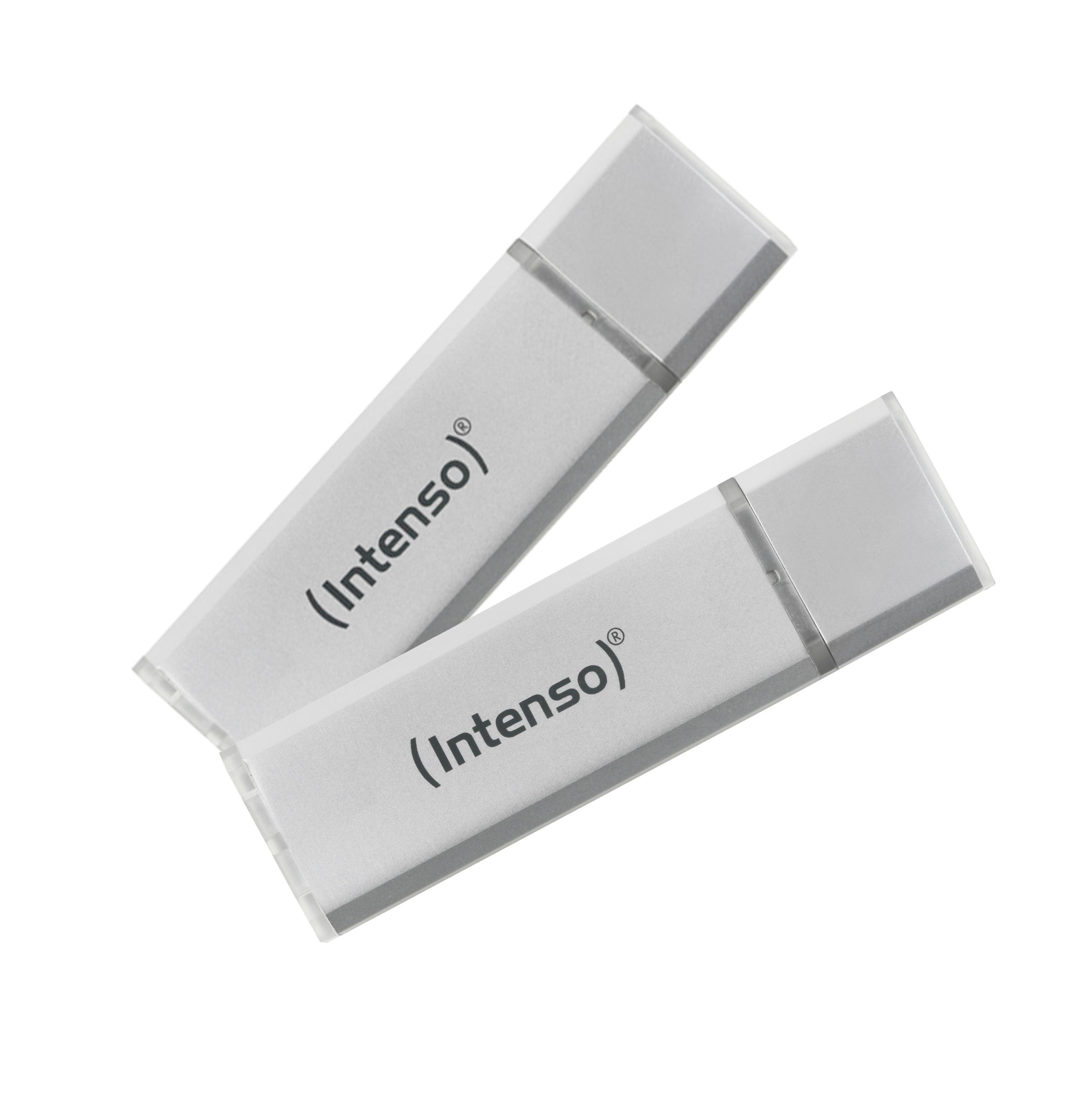 Zwei silberne USB-Flash-Laufwerke mit dem Aufdruck "(Intenso)".