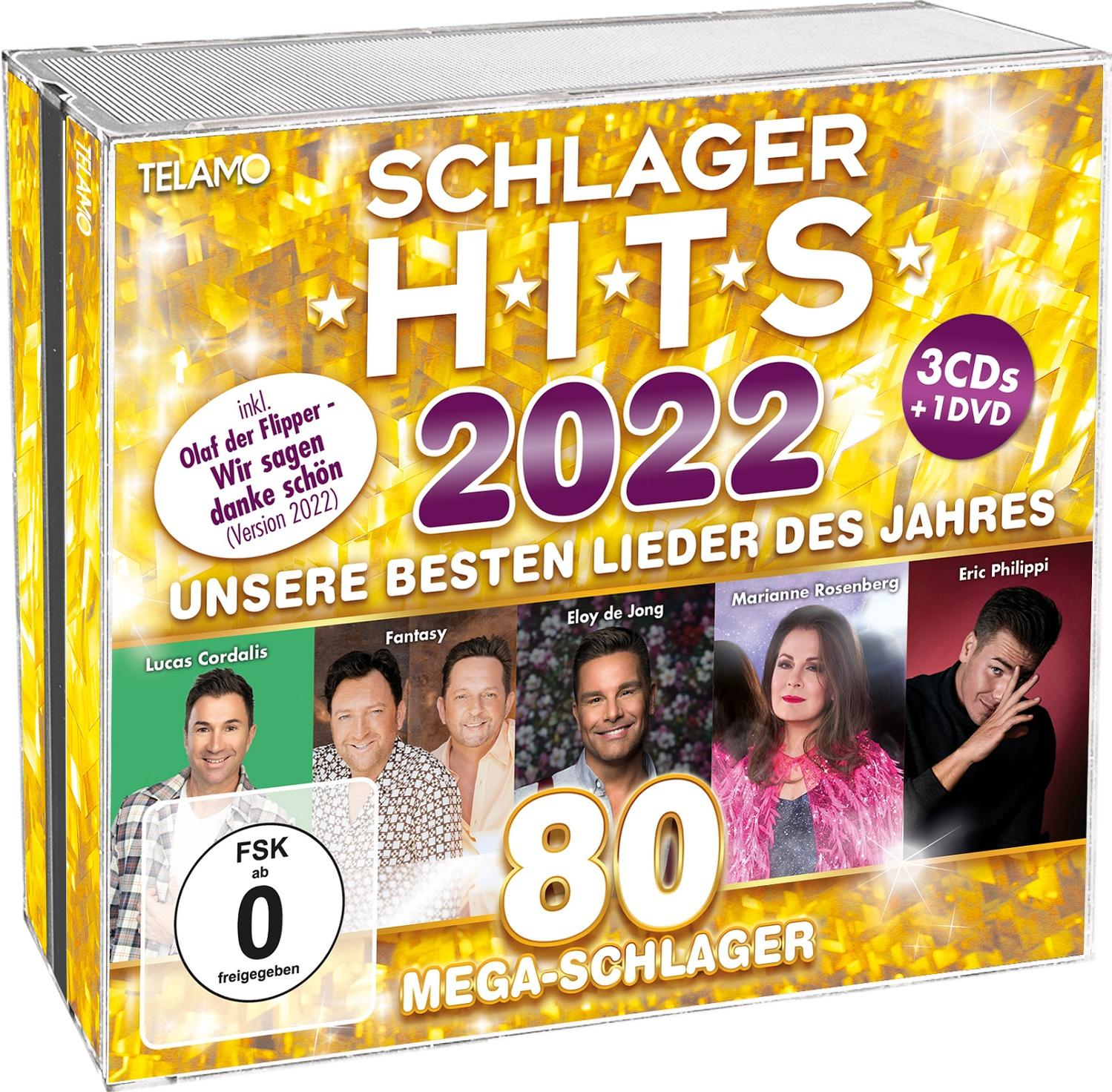CD-Hülle für Schlager Hits 2022, mit mehreren Künstlern und Text auf goldenem Hintergrund.