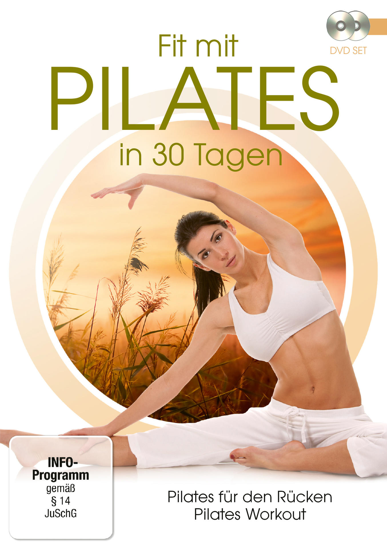 DVD-Cover: Frau macht Pilates, Text 'Fit mit Pilates in 30 Tagen'. Sonnenuntergang im Hintergrund.