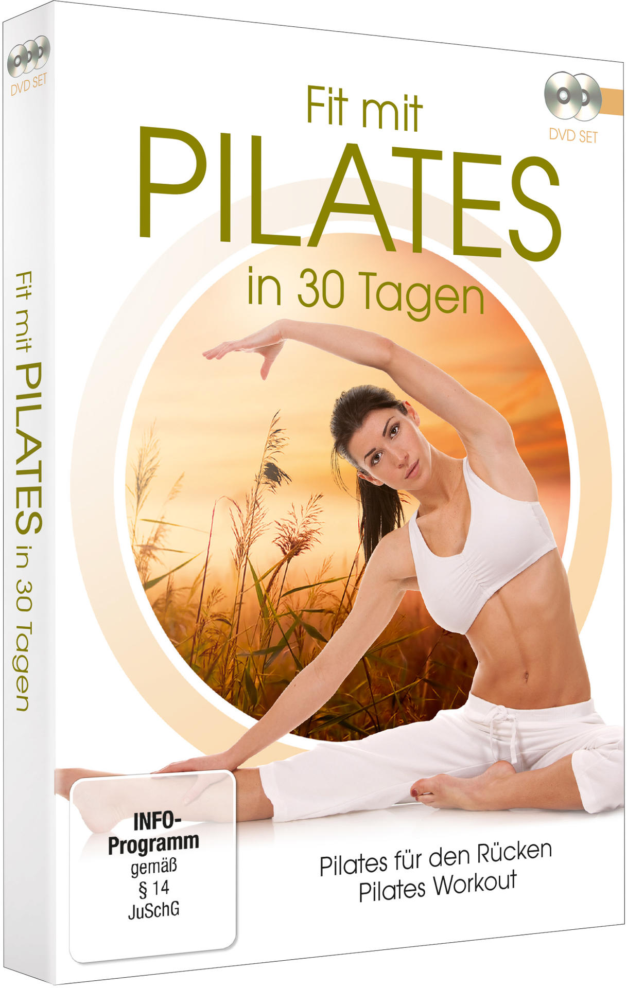 DVD-Box-Set 'Fit mit Pilates in 30 Tagen' mit einer trainierenden Frau.