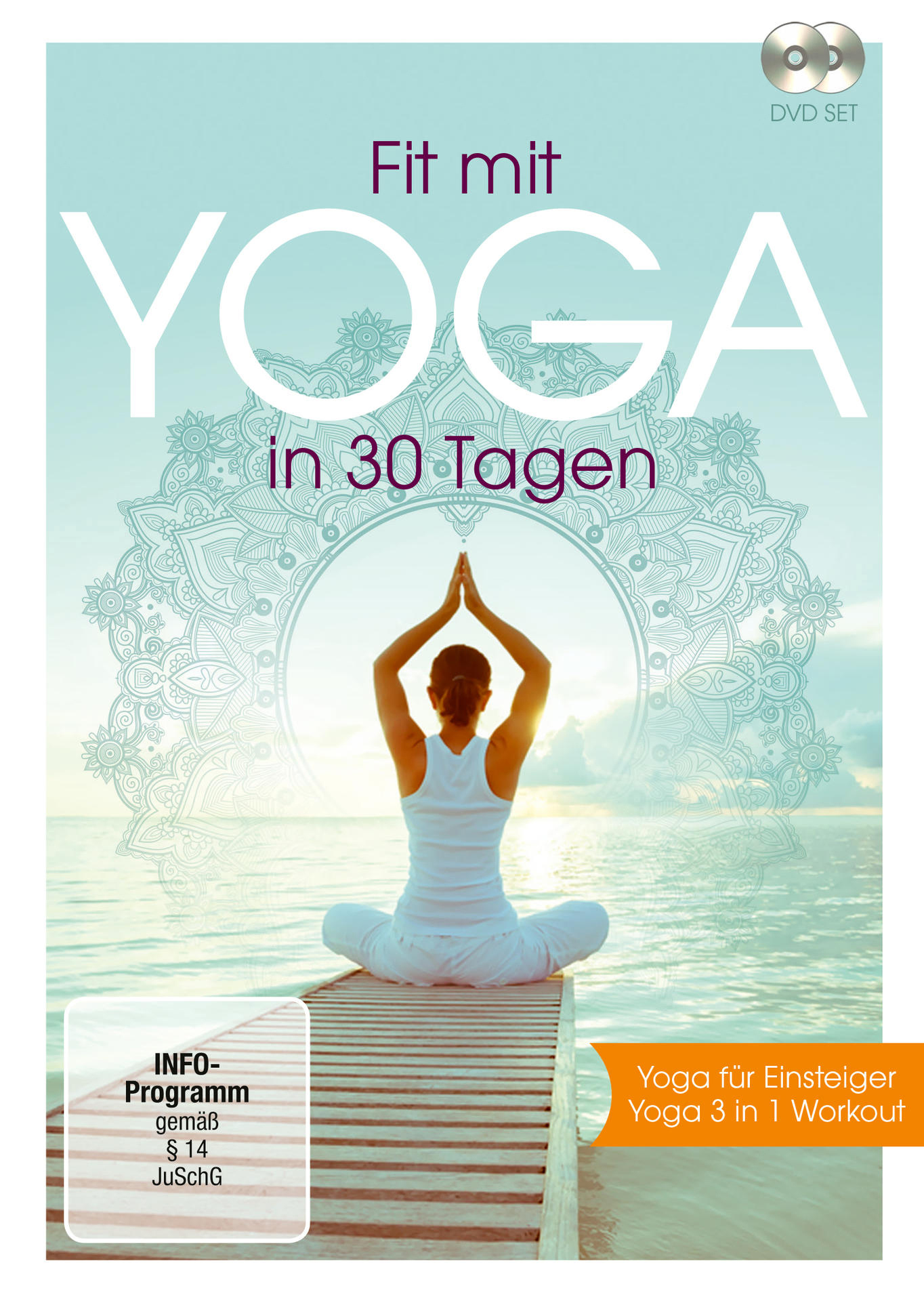 DVD-Cover, Frau in Weiß macht Yoga auf einem Holzsteg über Wasser mit dem Text "Fit mit Yoga".