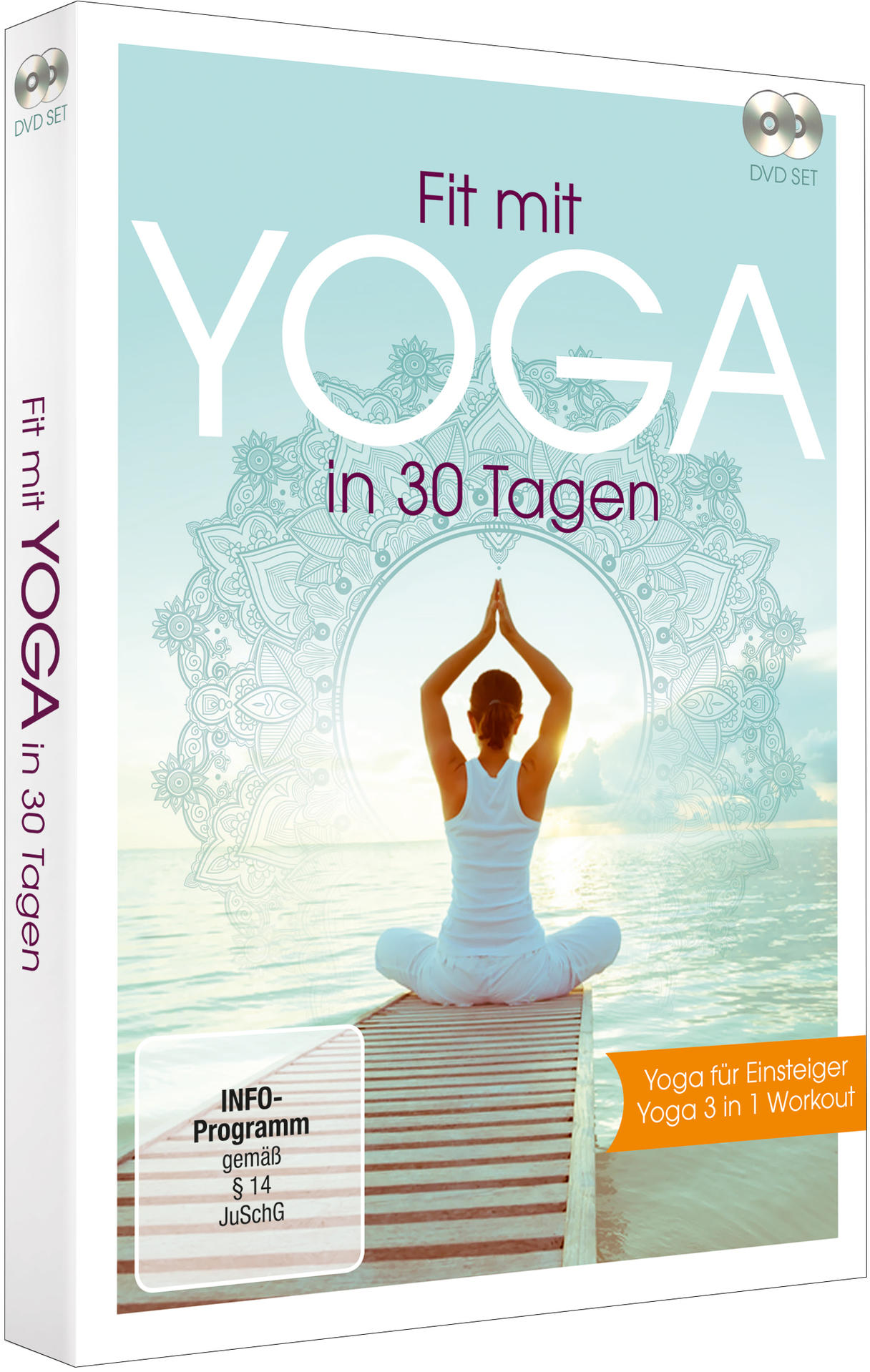DVD-Box-Set: "Fit mit Yoga in 30 Tagen". Frau in Weiß macht Yoga auf einem Steg.