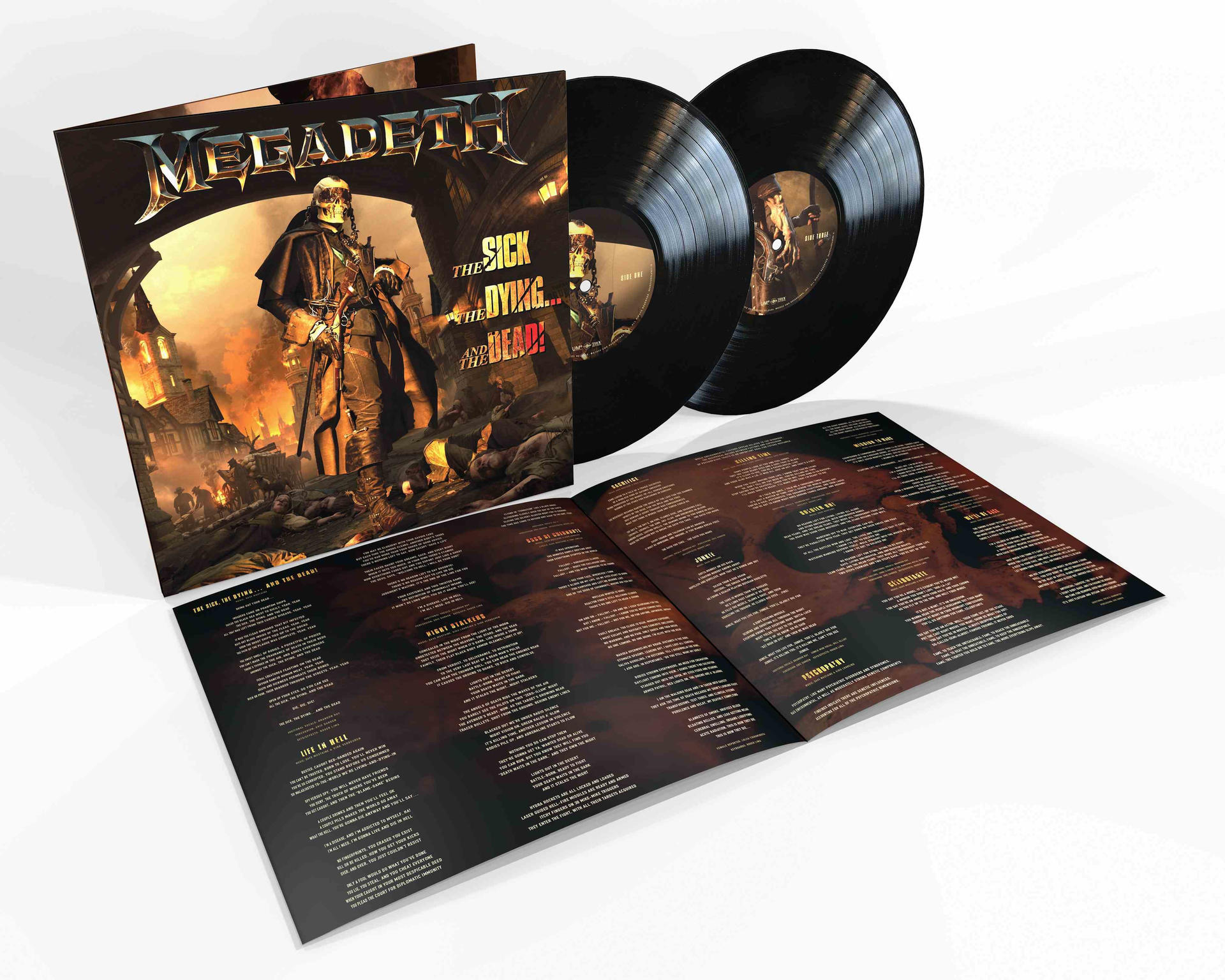 Megadeth-Album: The Sick, the Dying... and the Dead! Schallplatten, geöffnetes Gatefold, weißer Hintergrund.