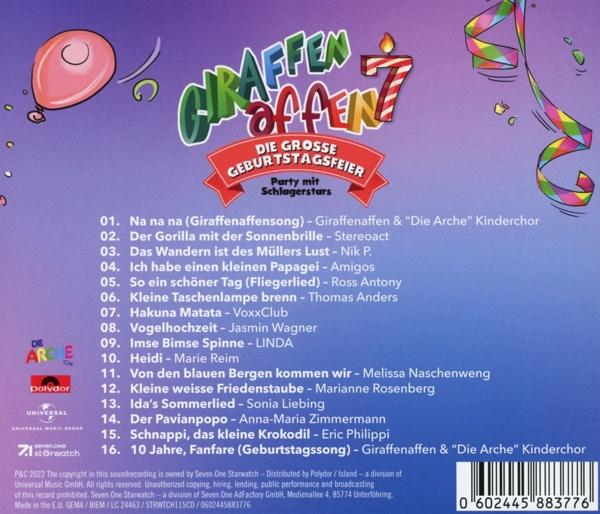 CD-Cover mit Text. Titel: Giraffenaffen 7. Eine Geburtstagsparty mit Stars. Buntes Design mit Ballon und Girlanden.