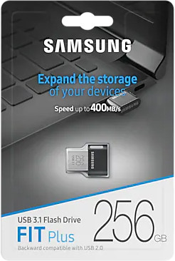 Emballage de clé USB Samsung avec clé visible, plus clavier d'ordinateur portable. Texte : Étendre le stockage, 256 Go.