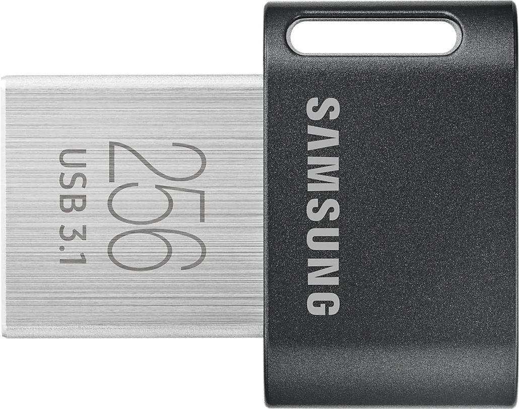 Clé USB 3.1 Samsung argentée et noire avec '256' et 'USB 3.1' imprimés, fond noir.
