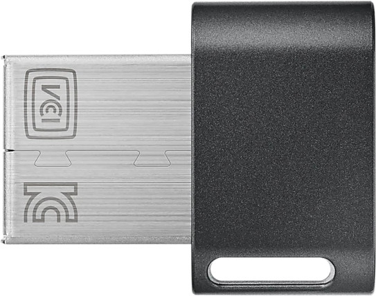Clé USB argentée et noire avec un design carré. L'extrémité USB est en métal.
