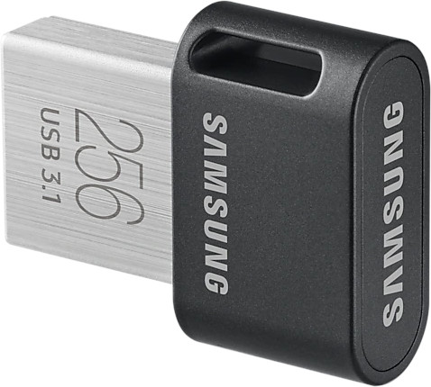 Clé USB Samsung argent et noir. Le côté argenté porte l'inscription 256 Go et USB 3.1.