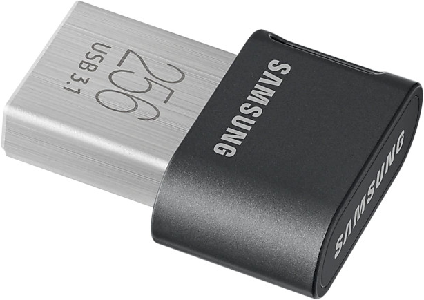 Clé USB Samsung argentée. Capuchon noir, étiquette USB 3.1. Fond blanc, léger angle.