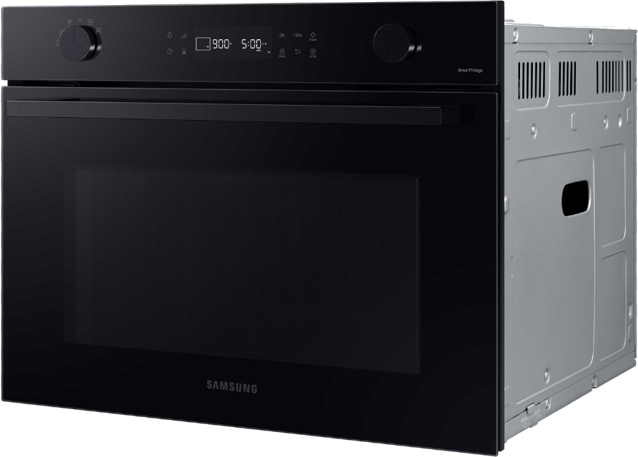 Zwarte inbouwoven met bedieningspaneel en merk Samsung. Glazen deur.