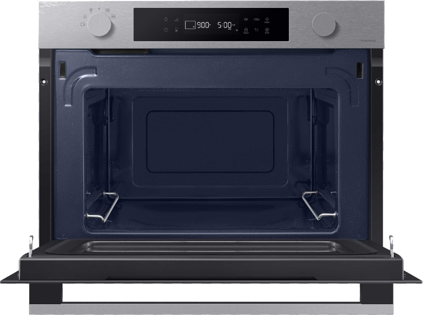 An open oven with a dark blue interior. The oven door is open, displaying the inside.