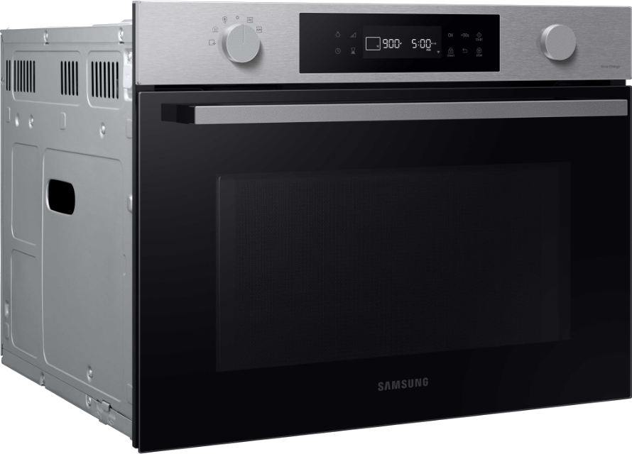 A stainless steel oven with a black glass door and digital display, silver knobs, and buttons.
