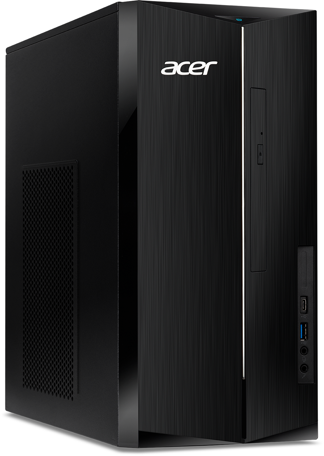 Zwarte Acer desktop pc met geborstelde voorkant en zijventilatie.