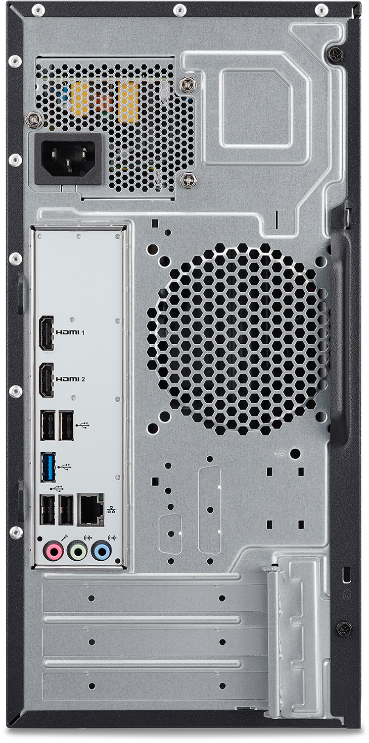 Achterkant van een pc met stroom-, HDMI-, USB-, audio- en Ethernet-poorten.