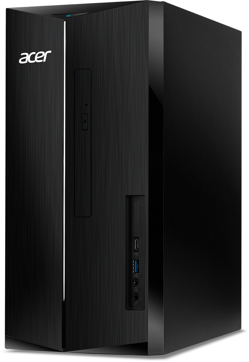 Zwarte Acer tower pc met geborstelde metalen afwerking en blauwe USB-poort.