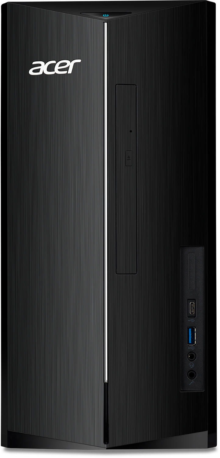Zwarte Acer desktop pc met geborstelde metalen voorkant en een dunne verticale lichtstrip.