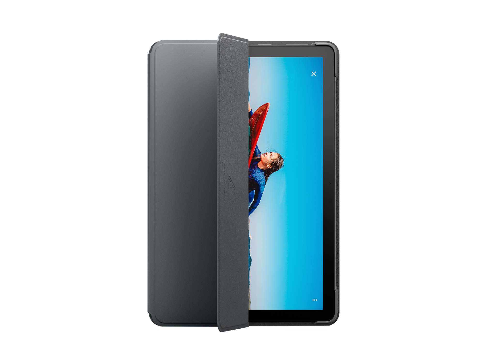 Tablet mit teilweise geöffneter Hülle. Zeigt eine surfende Person. Die Hülle ist grau.
