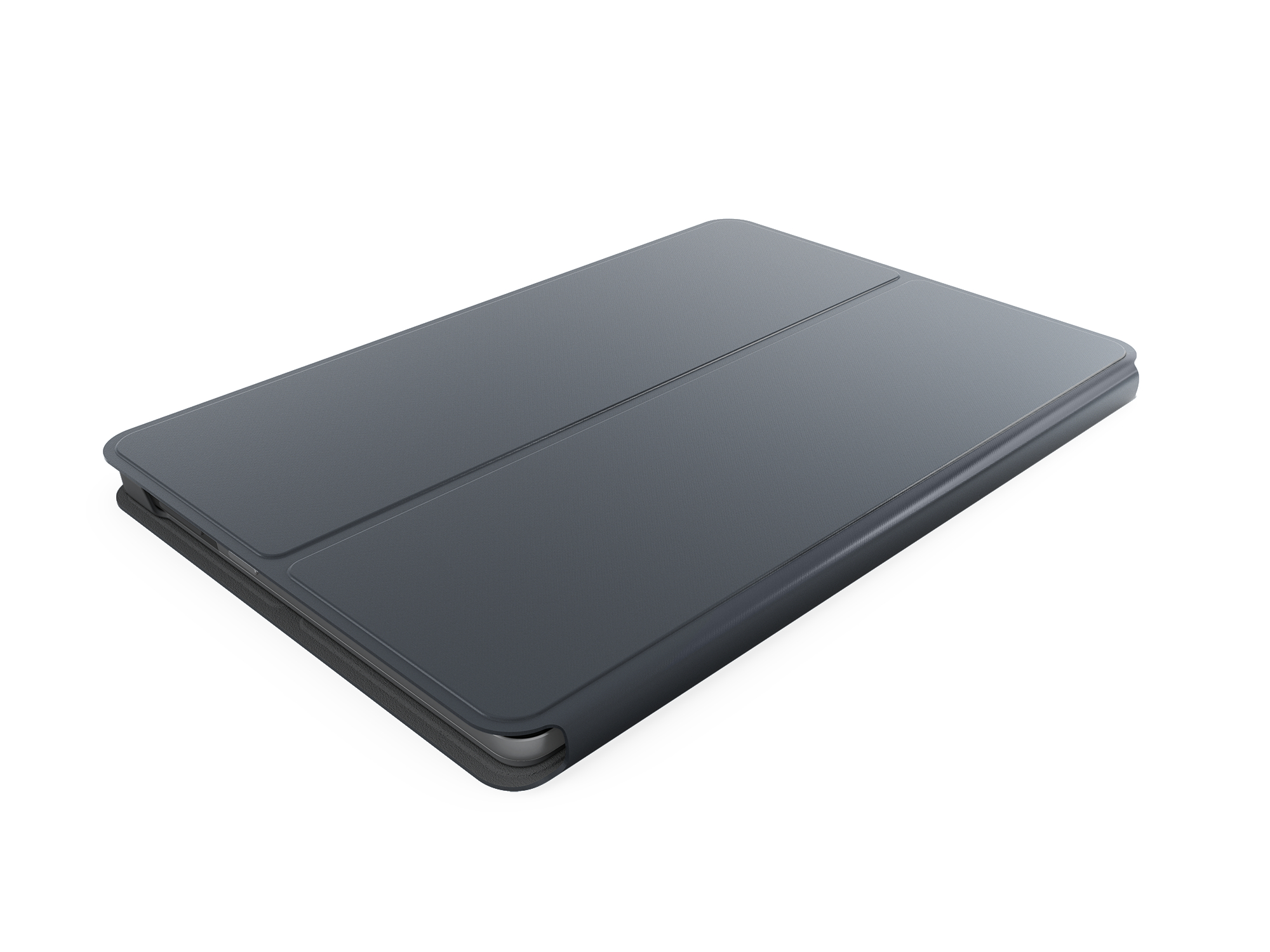 Eine geschlossene, dunkelgraue Tablet-Hülle auf weißem Hintergrund.