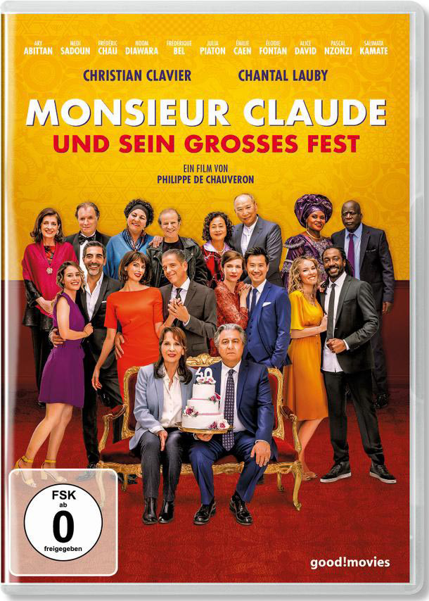 DVD-Cover mit einer Gruppe von Leuten, darunter ein Mann im Anzug und eine Torte.